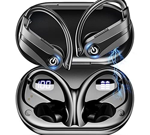 【業界大容量 耳掛け式イヤホン】Bluetooth イヤホン ワイヤレスイヤホン bluetooth 1200mAhバッテリー 最大20時間再生 Hi-Fi音質 AAC/SBC対応 ブルートゥースイヤホン いやほん ヘッドホン Type-C急速充電 落ちにくい 外れない 快適装着感 LEDバッテリー残量ディスプレイ イヤホン bluetooth スポーツイヤホン ハンズフリー通話 マイク内蔵 片耳/両耳 左右分離型 自動ペアリング 瞬時接続 多機能物理ボタン 誤操作防止 カルナ型 ランニング/ゲーム/通勤通学/在宅勤務/zoom/skype適用に適用 日本語音声 日本語取扱説明書（ブラック）