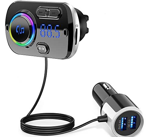 FMトランスミッター Bluetooth 車用 車載FMトランスミッター Bluetooth 5.0+EDR シガーソケット USB 車載充電器 2 USBポート（5V/2.4A&3A）fmトランスミッタbluetooth QC3.0急速充電 Mp3プレーヤー CVCノイズ軽減 マイク内蔵 ハンズフリー通話 TFカード/Aux-in対応 Google assistant＆Siri対応 波数仕様 87.5～108.0Mhz