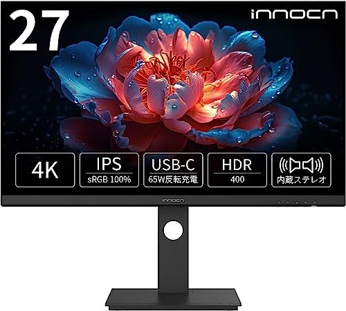 INNOCN 4K 27インチ モニター ディスプレイ UHD 3840 x 2160 PC ゲーム モニター HDR400 16:9 IPS非光沢 sRGB DCI-P3 縦横回転 3Wスピーカー VESA規格 ブルーライト軽減 画面分割機能 家用 ビジネス 法人 Type-C65W DP/TYPE-C/HDMI2.0 対応