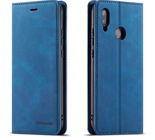 QLTYPRI Huawei P20 lite ケース 手帳型 高級PUレザー 皮革 TPU バンパー カード収納 スタンド機能 内蔵マグネット 耐衝撃 耐摩擦 上品 全面保護 人気 おしゃれ 財布型 カバー - ブルー