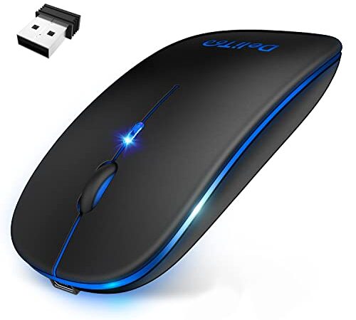 【令和改良版 7色ライト付き】 ワイヤレスマウス 無線マウス コンパクト 超薄型 静音 2.4GHz 800/1200/1600DPI 高精度 省エネモード 持ち運び便利 Mac/Windows/Surface/Microsoft Proに対応 DeliToo (ブラック)