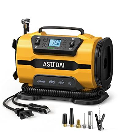 AstroAI エアーコンプレッサー 電動空気入れ 5 in 1 タイヤ・プール 空気入れ 自動車用 AC/DC給電 150 PSI 自動電源オフ メモリ機能 LEDライト五種類変換ノズル 仏式/米式/英式 全バルブ対応 バイク 自転車 エアマットレス 浮き輪 ボール パドリングプール 空気入れ