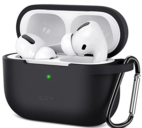 ESR AirPods Pro ケース 2019 充電ケースカバー(2019年10月発売)用 シリコン ソフトスリムカバー キーチェーン付き バウンスキャリングケース 前面のLEDライトが隠れない ワイヤレス充電対応 衝撃吸収保護シリコンカバー ブラック