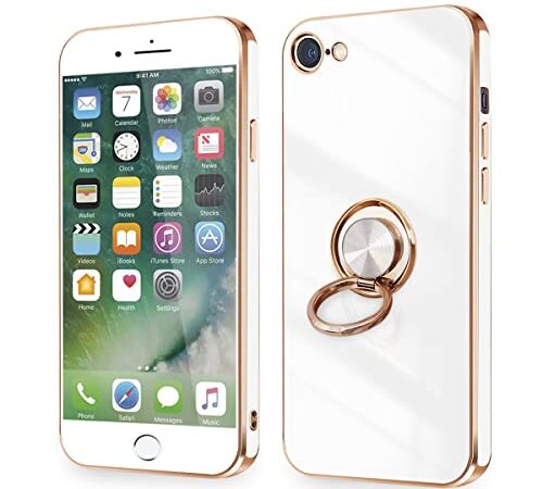 iPhone SE ケース iPhone SE2/3 iPhone8/7 ケース リング付き 耐衝撃 360°回転 スタンド機能 車載ホルダー対応 4.7インチ アイフォンSE2 リング カバー レンズ保護 ストラップホール付き （ホワイト）