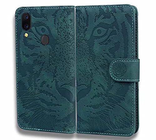 WVYMX ケース for Umidigi A3 Pro, Tiger Embossed フリップPUレザーウォレット磁気クレジットカードホルダーキックスタンド保護電話ケース for Umidigi A3 Pro Green