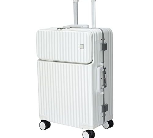 [Ashard] スーツケース 機内持ち込み アルミフレームキャリーケース ピュアPC材質 大容量 キャリーバッグ 超軽量 耐衝撃 静音 360度回転 多機能フロントオープンパソコンケース TSAロック搭載 (Sサイズ/1-3泊/42L/機内持込, ホワイト)