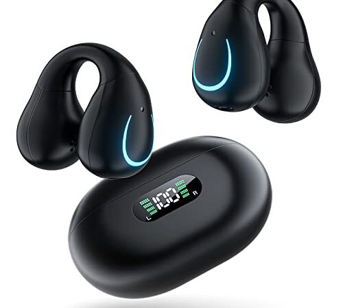 「ながら聴きイヤホン」ワイヤレスイヤホン イヤーカフ型 イヤホン 【骨伝導イヤホンの革新】 Erssimo イヤホン Bluetooth5.3 空気伝導イヤホン ブルートゥースイヤホン 片耳 ワイヤレスイヤホン Bluetooth 耳を塞がないイヤホン OWSイヤホン オープンイヤー 音漏れ抑制 耳挟み 物理ボタン 数字LEDディスプレイ Type‐C急速充電 外の音が聞こえるイヤホン 寝ホン マイク内蔵 自動ペアリング 接続瞬時 片耳/両耳 左右分離型 ランニング/通勤通学/WEB会議/zoom通話 片耳 プレゼントに最適 日本語取扱説明書 物理ボタン（押すタイプ） 黒