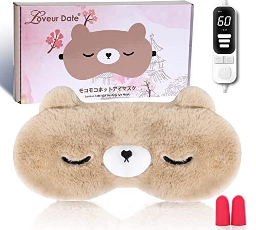 Loveur Date モコモコ ホットアイマスク USB 電熱式 かわいい リラックス 圧迫感なし 遮光 温度調節 自動電源オフ 安全保護 睡眠/昼休み/旅行/出張/ギフト/プレゼント アイマスクホット ポーチ付き (ブラウン)