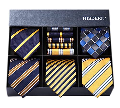 [ヒスデン] ビジネス用 ネクタイ 5本セット おしゃれ ネクタイ チーフ メンズ 結婚式 黄色 ネクタイ ストライプ 就活青 ネクタイ ブランド プレゼント T5A014