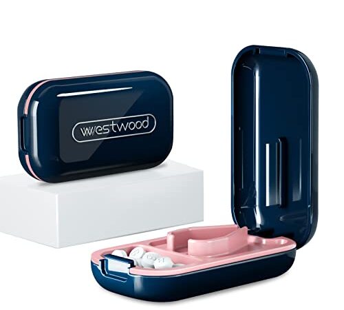 ピルカッター 錠剤カッター 薬 カッター おしゃれ 薄型 タブレット 錠剤 カット 高耐久ABS素材 分割 コンパクト(ネイビーxピンク)