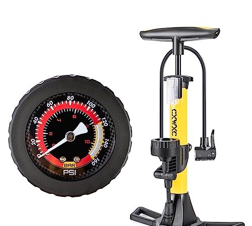 CXWXC 自転車 空気入れ 仏式/英式/米式バルブ対応 大型ゲージ付き 160psi ミニフロアポンプ 浮き輪/ボールアダプター付き アルミ製 イエロー （CX-4538F）