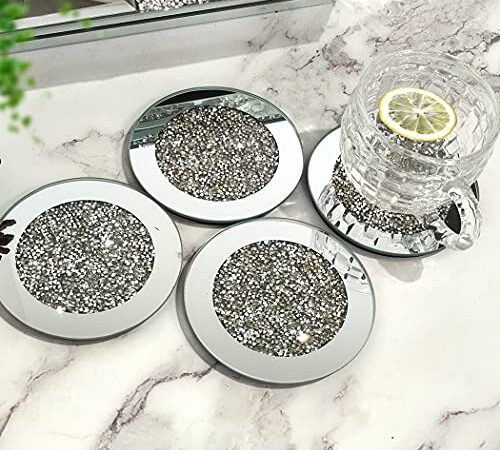 GIMORRTO (ジモルト) ガラスミラーコースター クラッシュダイヤモンドカップマット 卓上装飾 レストラン/キッチン/バー/ダイニングテーブル用 (4枚-ラウンド4インチ)