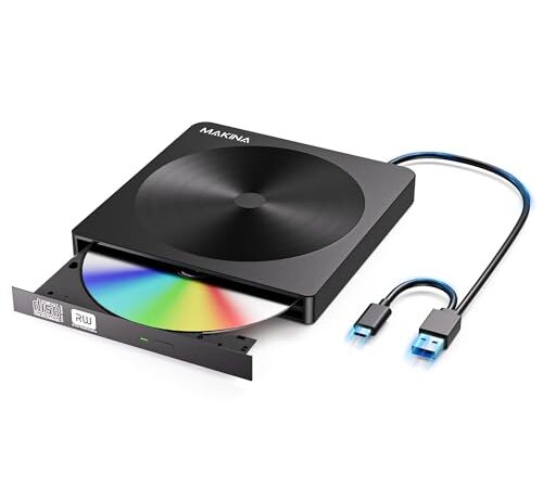 マキナ MAKINA DVD/CDドライブ 外付け USB3.2(Gen1)/3.0&Type-C Windows/Linux/Mac CD模様デザイン OS 内蔵ケーブル 薄型 ポータブル 読み出し&書き込み エラー校正 日本語取扱説明書付き ブラック