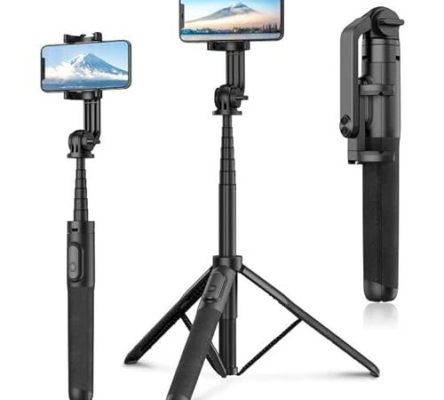 ［162cm折畳一体式］スマホ三脚 自撮り棒 長い 160cm以上 360°回転調整 遠隔リモコン コールドシュー 安定 固定 ロング コンパクト iPhone＆Androidに対応 (黒)