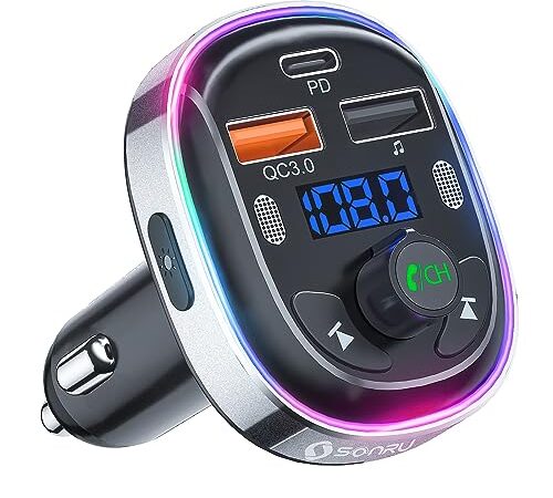 【 2023進化モデル】SONRU FMトランスミッター Bluetooth 5.3 デュアルマイク ノイズ軽減 車載充電器 3つポート USB&Type-C QC3.0急速充電 PD30W対応 車載FMトランスミッター 12V/24V車対応 ハンズフリー通話 7色LEDライト シガーソケット USBメモリSiri&Google Assistant対応 日本語取扱説明書