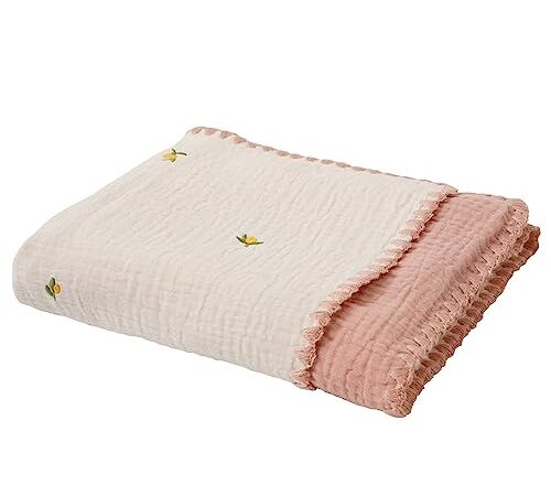 アンジュスマイル 6重 ガーゼ ブランケット 70×100 cm オリーブ柄 刺繍 タオルケット 綿 ベビー オフホワイト ピンク