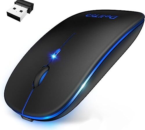 【7色ライト付き】 ワイヤレスマウス 無線マウス コンパクト 超薄型 静音 2.4GHz 800/1200/1600DPI 高精度 省エネモード 持ち運び便利 Mac/Windows/Surface/Microsoft Proに対応 DeliToo (ブラック)