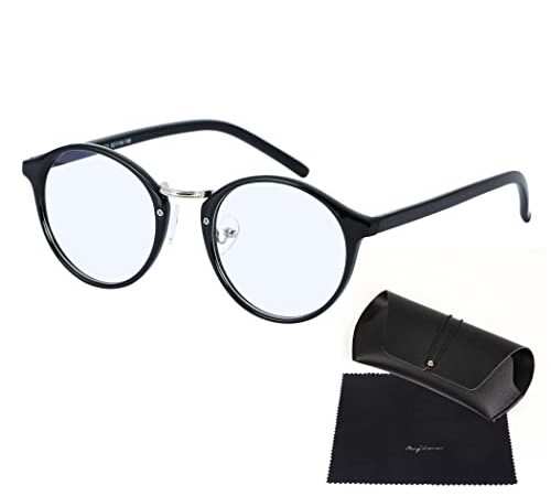 [mujina] PCメガネ JIS規格 ブルーライトカットメガネ UVカット 紫外線カット 透明レンズ パソコン用 眼鏡 ケース クロス セット 男女兼用 ボストンタイプ (ブラック)