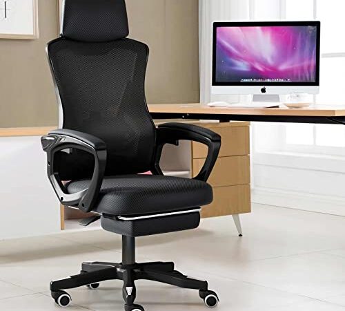 Supsea オフィスチェア テレワーク 疲れない デスク ワーク パソコン メッシュ オットマン ロッキング リクライニング 人間工学 S字立体背もたれ ハイバック 高反発座面 事務椅子 H-WY03 (ブラック)