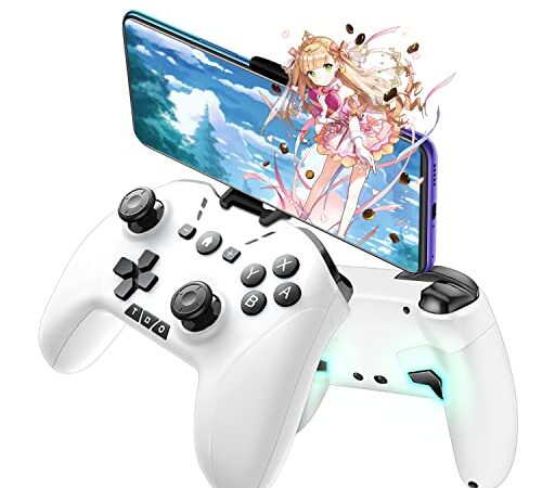 ワイヤレス コントローラー Switch/PC/IOS/Android全対応【方向ボタンレイアウト可能/背面ボタン/スマホホルダー付き】プロコン ゲームパッド 自動連射 Bluetooth/2.4GHz/有線接続 6軸ジャイロセンサー マクロ機能 MFI認証 HD振動 高耐久ボタン 日本語説明書付き ホワイト