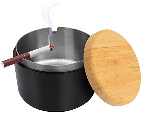 Vevesoas 灰皿 蓋付き（竹製蓋*PP製外殻*ステンレス内殻）灰皿 おしゃれ 大容量 密閉 屋外 室内 卓上 車用 灰皿 ふた付き ブラック