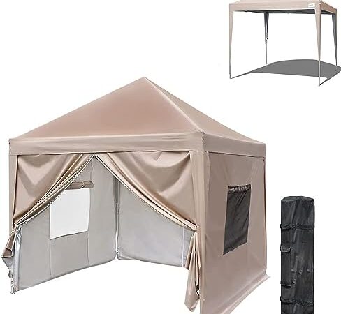 Willpo ワンタッチ タープテント 3段階調節 3m/2.5m/2m UVカット 耐水 スチール キャンプ アウトドア 耐水専用横幕/サイドシート4枚付属 テント キャンプ用品 ワンタッチテント タープ(ベージュ,2m)