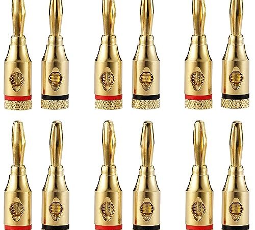 バナナプラグ ねじ込み式 24K金メッキ コネクタ 12本セット スピーカーケーブル用 ソルダーレス 2種類の設置方法 側面 底面接続 芯線外径サイズは4mm オーディオプラグ（赤6本/黒6本）