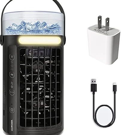 冷風扇 冷風機 一台4役 小型 卓上冷風機 省エネ 風量3段階調節 USB給電 タイマー 400ml水タンク７色のLEDライト 加湿 冷却 (円型－黒1台)