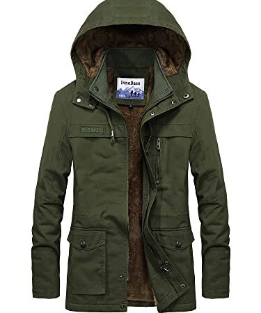 [InnoBase] メンズ ジャケット コート ミリタリージャケット マウンテンパーカー 裏ボア ジャンパー ブルゾン ハーフ丈 フード付き 着脱可 防寒 防風 厚手 カジュアル 秋 冬 アウトドア おしゃれ (L, オーリブ)
