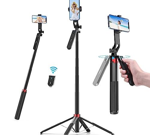 Ulanzi 自撮り棒 スマホ 三脚 じどり棒 四脚 コンパクト【超長180cm・四脚安定モデル】充電式リモコン 1/4ネジ付き セルカ棒 長い 360°回転 スマホスタンド じどりぼう 7段階伸縮 アルミ合金製 折りたたみ 持ち運び便利 iPhone Android GoProに対応