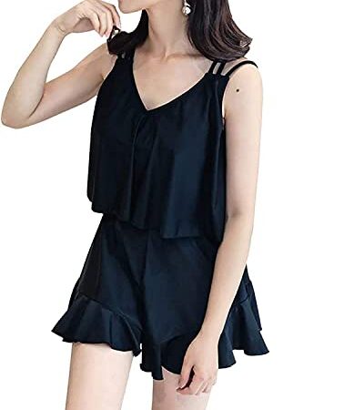 水着 レディース ワンピース 体型カバー 紫外線対策 タンキニ スイムウェア ビーチウェア オールインワン ブラック 黒水着 女性用水着 フレア水着 着痩せ 温泉水着 海水浴 水陸両用 無地 大きいサイズ 可愛い 胸パッド付き 露出控えめ (71363F,L)