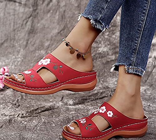 女性用整形外科サンダル花刺繍ローウェッジサンダルサマーオープントゥスリップオンサンダルアーチサポートミュールクロッグビーチスリッパシューズ,赤,US7/EU38